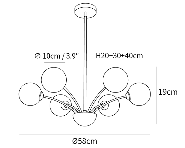 Clérachic chandelier dimension drawing, 1 of 3, every measurement marked in centimetres and inches.