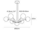 Clérachic chandelier dimension drawing, 1 of 3, every measurement marked in centimetres and inches.