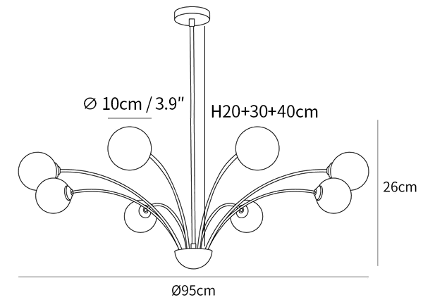 Clérachic chandelier dimension drawing, 2 of 3, every measurement marked in centimetres and inches.