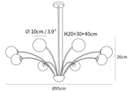 Clérachic chandelier dimension drawing, 2 of 3, every measurement marked in centimetres and inches.