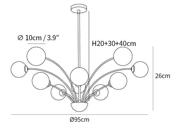 Clérachic chandelier dimension drawing, 3 of 3, every measurement marked in centimetres and inches.