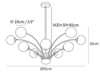 Clérachic chandelier dimension drawing, 3 of 3, every measurement marked in centimetres and inches.