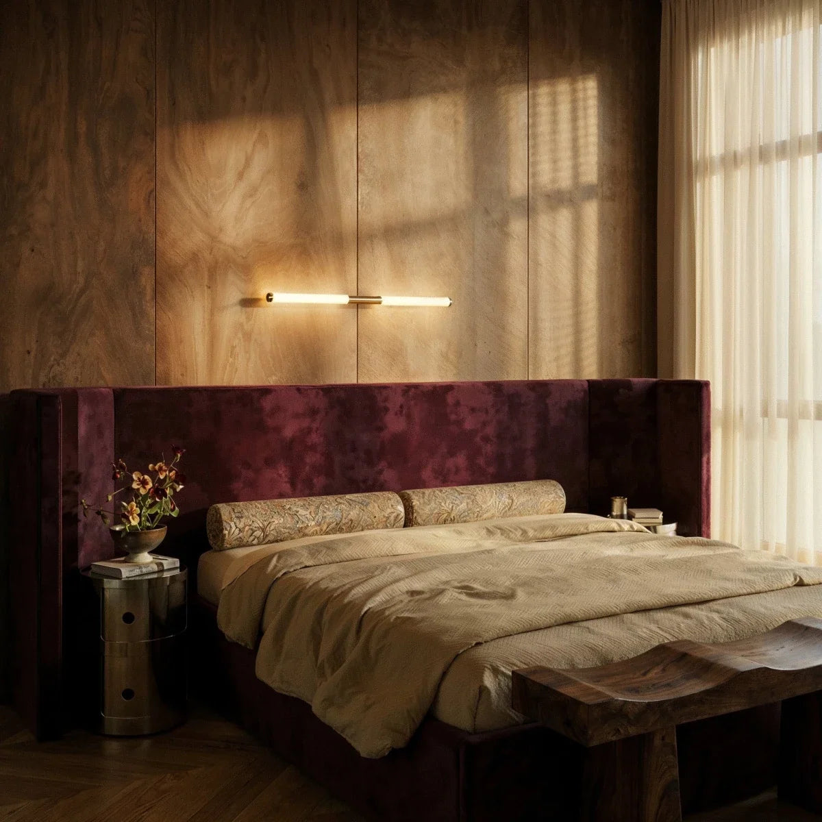 Clérachic slim linear wall light glowing above a plum velvet headboard, on wood-panelled walls beside a sheer curtain.