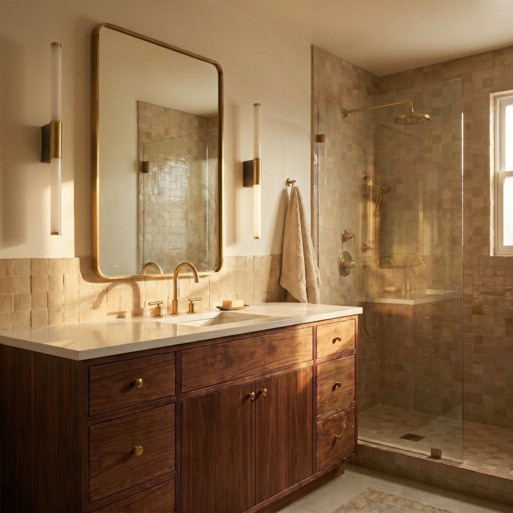 Two Clérachic slim vertical wall lights flanking a brass-framed vanity mirror above a walnut washstand in a tiled bathroom.