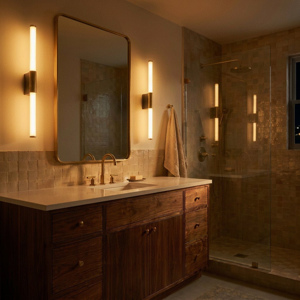 Two Clérachic slim wall lights glowing warm at dusk beside a vanity mirror, with a walnut washstand and tiled shower.