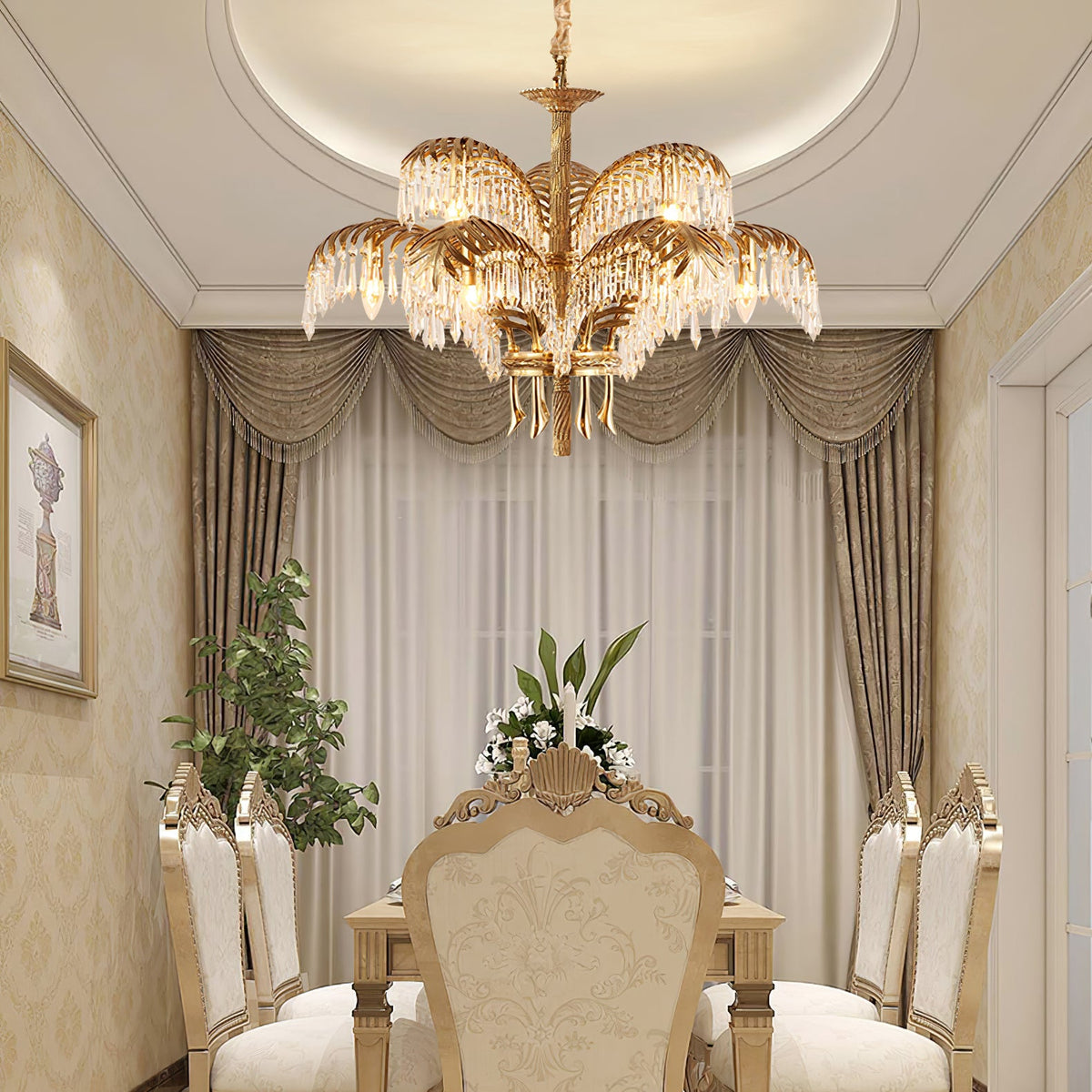 A Clérachic palm-leaf chandelier hangs in a cream dining room with draped curtains and upholstered chairs below.