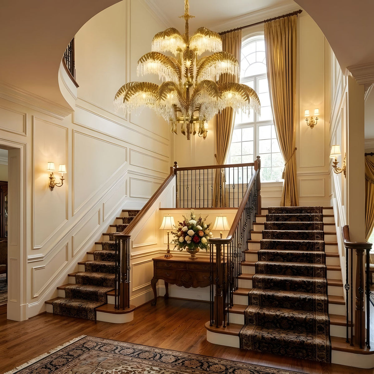 Above a sweeping staircase with a patterned runner, a Clérachic brass and crystal chandelier lights the cream hallway.