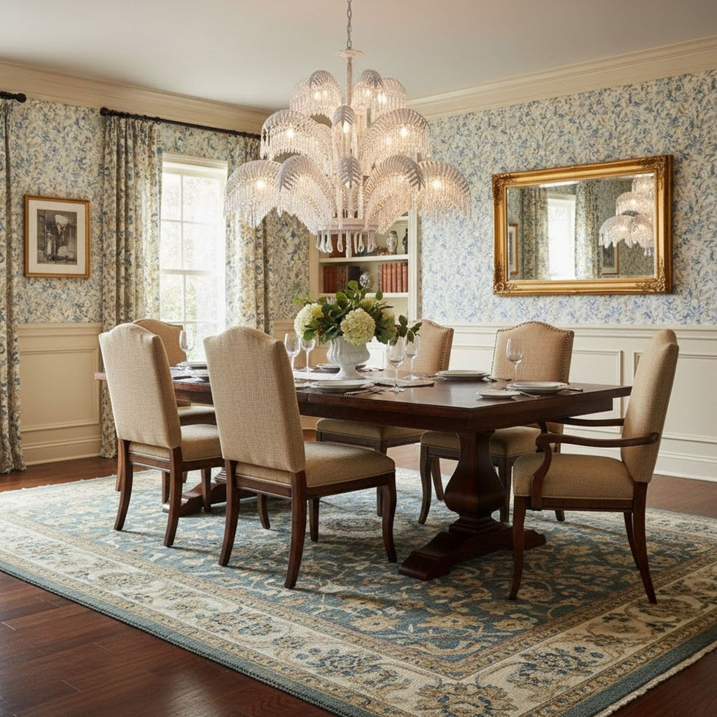 A white-toned Clérachic palm chandelier hangs over a dining table in a room with floral wallpaper and a gilt mirror.