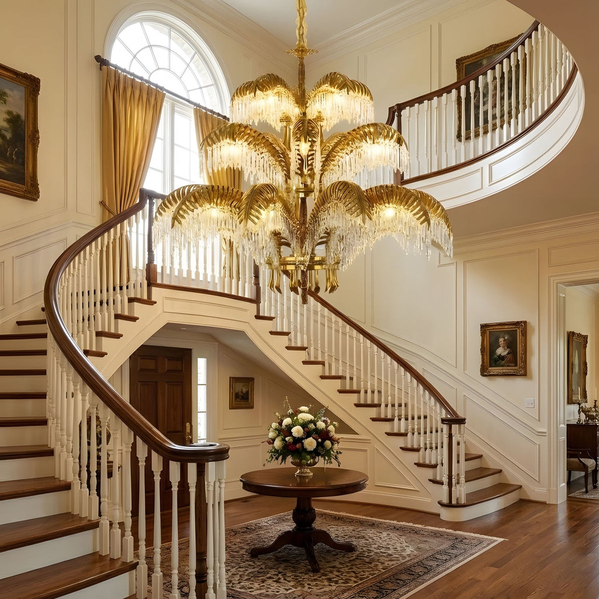 Clérachic brass chandelier with glowing crystal fringes hanging in a stairwell with a white curved balustrade and an arched window.