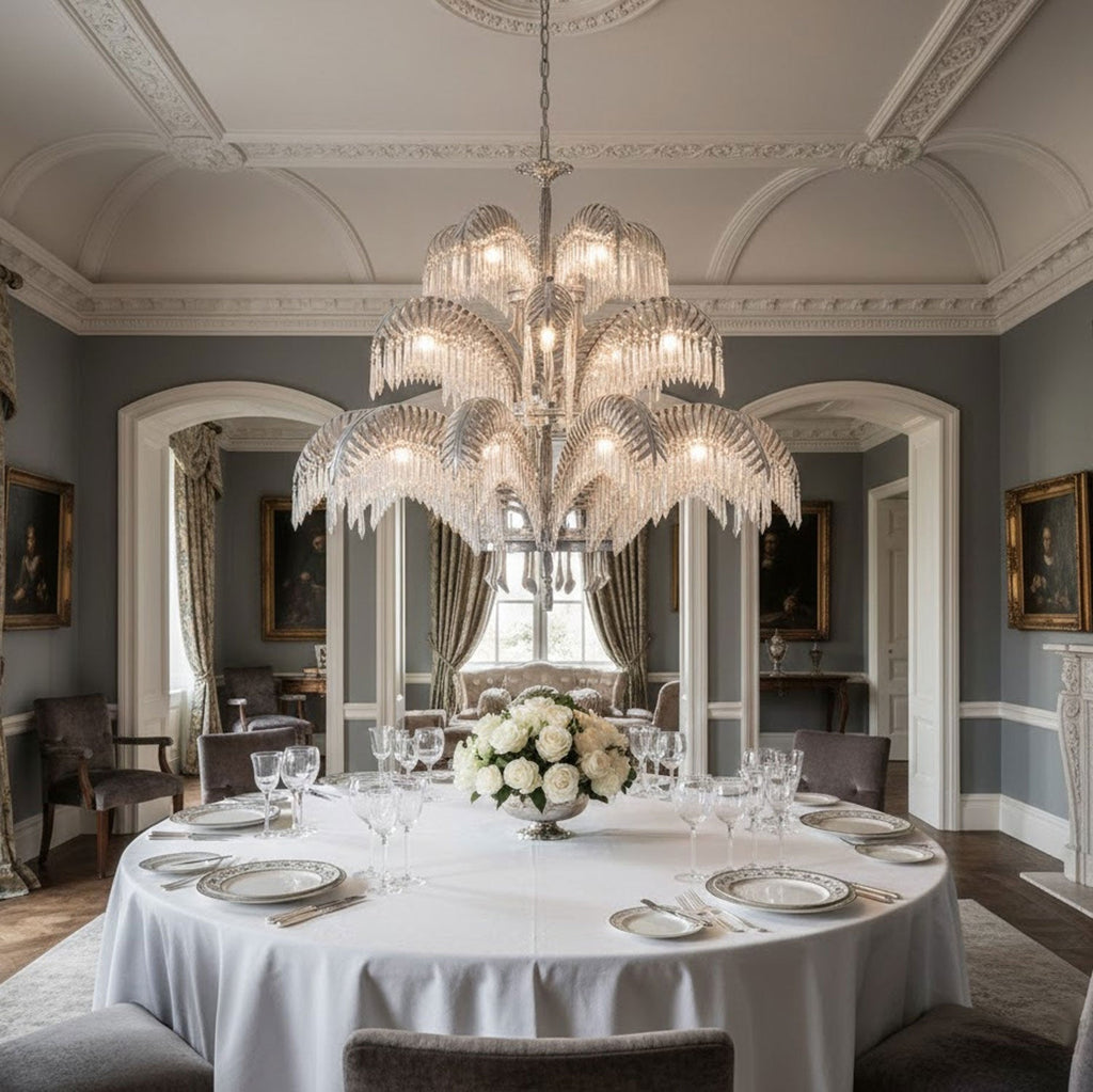 A white and clear-crystal version of this Clérachic chandelier hangs over a round table in a grey-blue dining room.