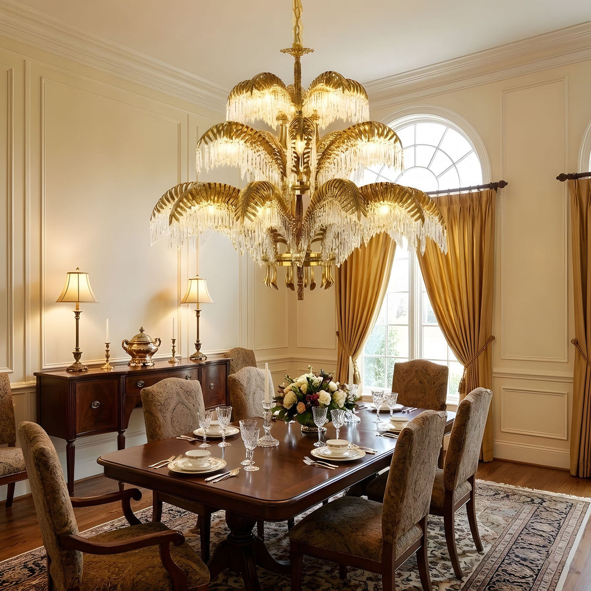 Tiered Clérachic chandelier in brass and crystal, hung beside tall curtains above a polished dining table and a sideboard with lamps.