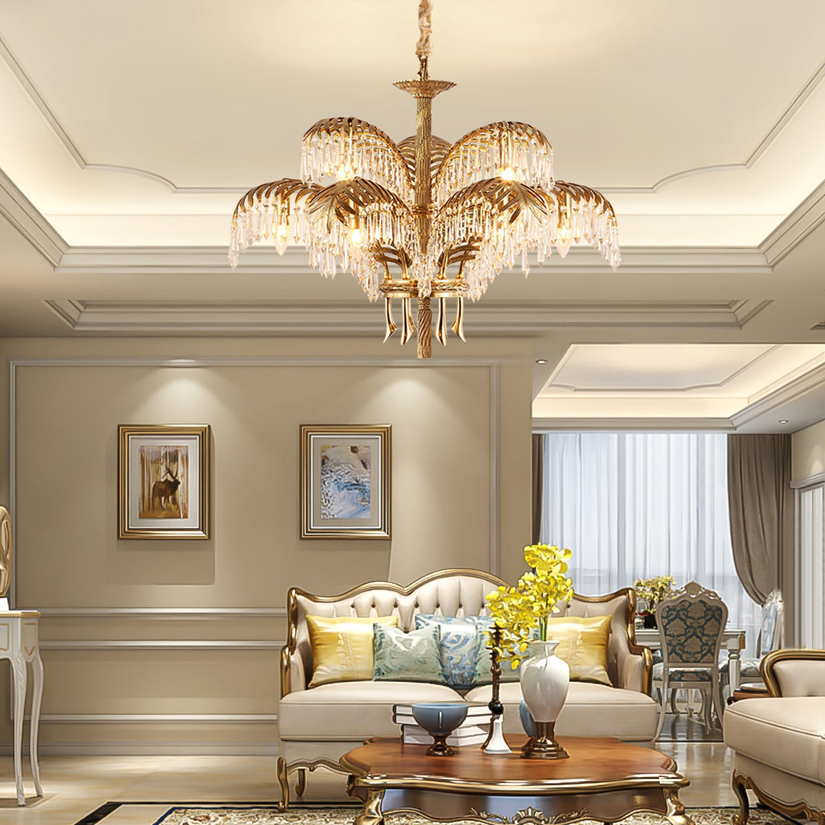 A Clérachic brass and crystal chandelier hangs from a coffered ceiling above a small sofa and a low wooden table.