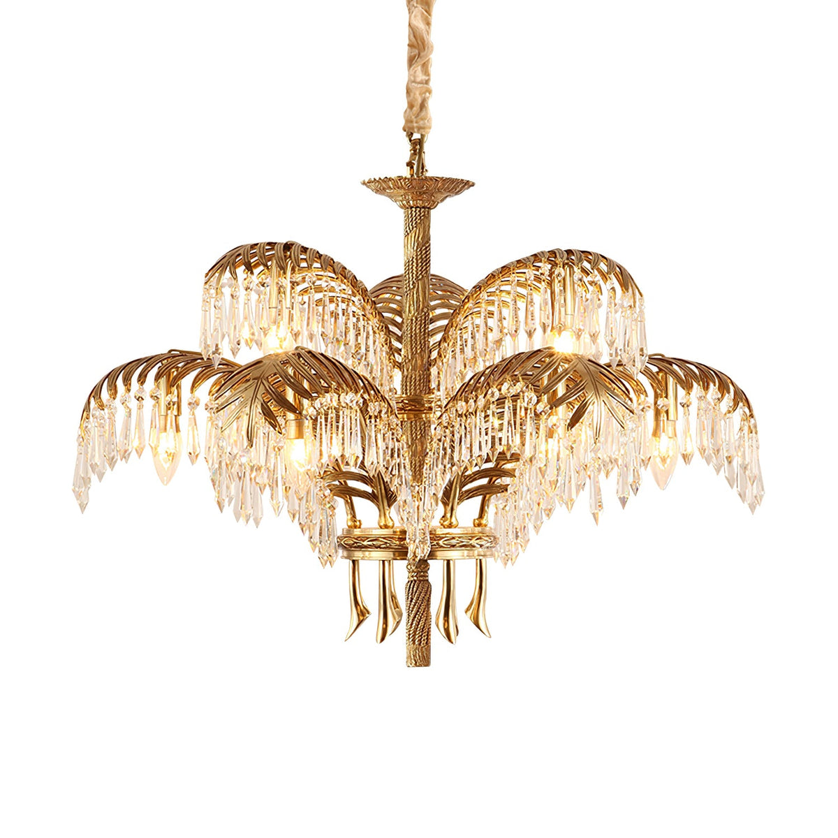 This Clérachic chandelier in gold brass and clear crystal on a white background, showing a woven cord around the upper chain.