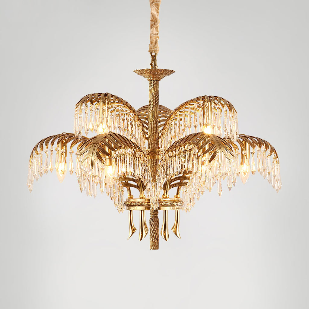 This Clérachic chandelier with a woven cord over its chain, in gold brass with two tiers of crystal-fringed leaves.