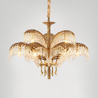This Clérachic chandelier with a woven cord over its chain, in gold brass with two tiers of crystal-fringed leaves.