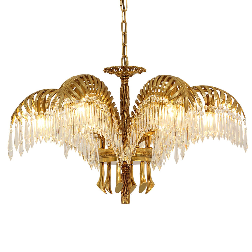 Front view of a smaller Clérachic brass chandelier with five crystal-fringed leaves and a gold chain, on a white backdrop.
