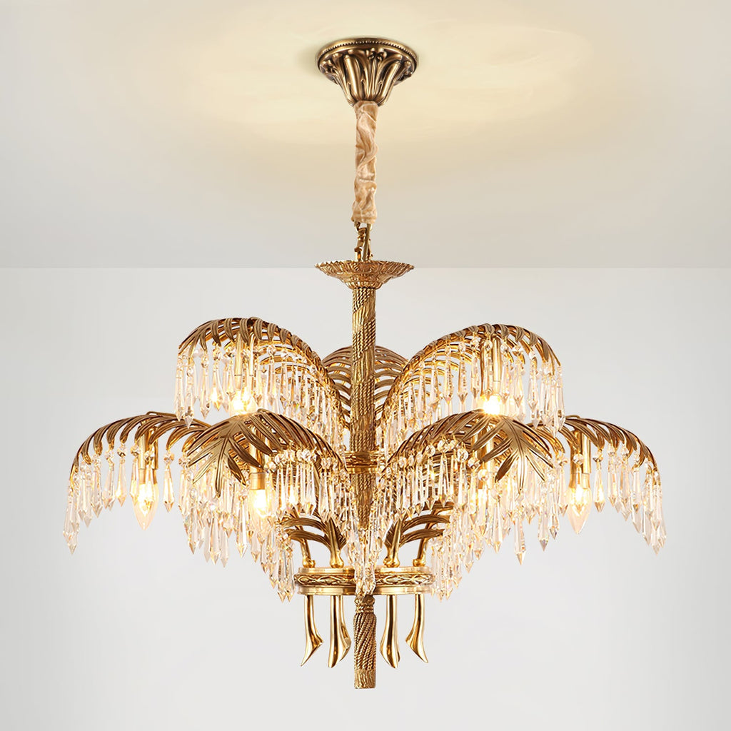 Clérachic chandelier hanging from a bronze ceiling plate wrapped in cord, with two tiers of leaves lit by a soft glow on the ceiling.