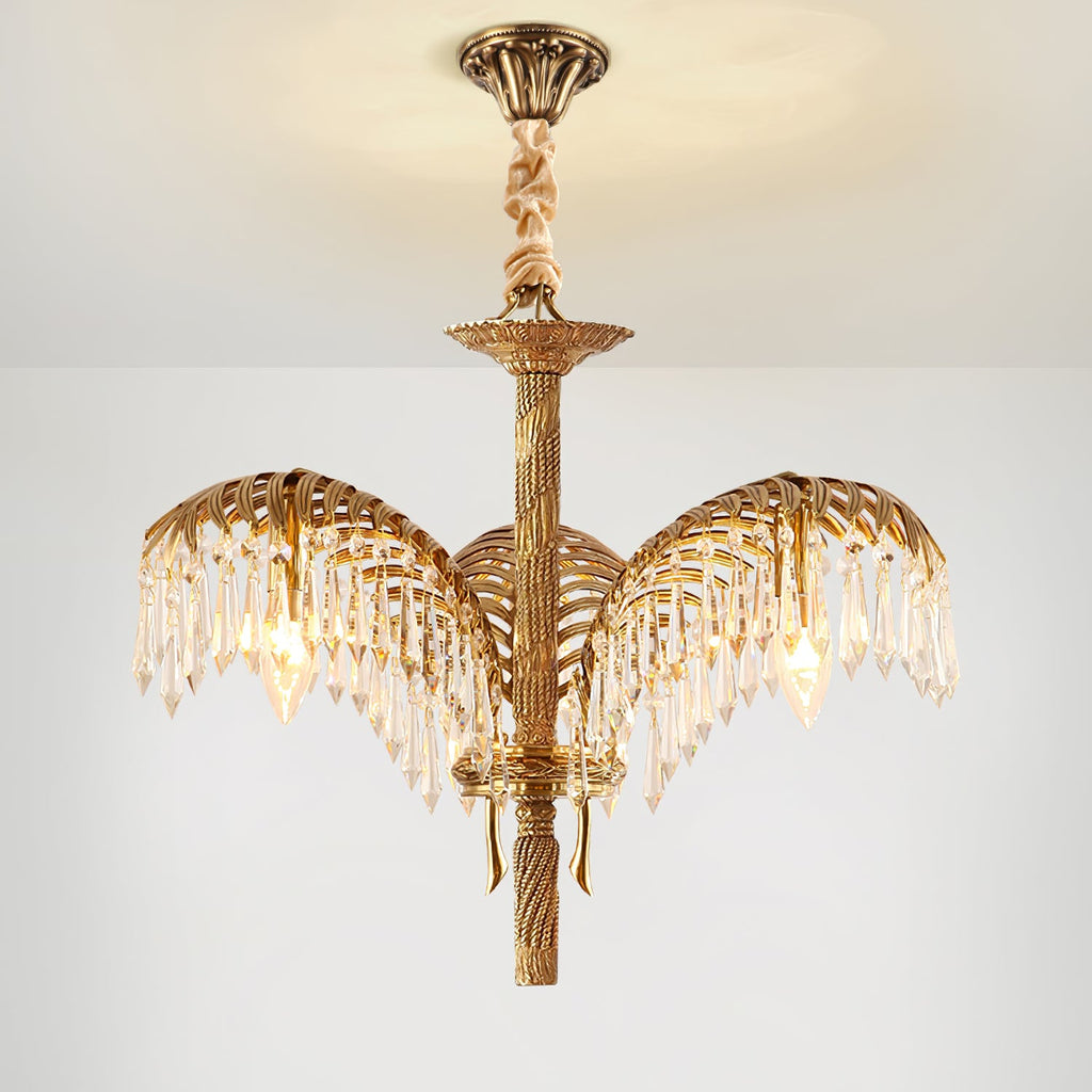 A three-leaf Clérachic chandelier hangs from a bronze ceiling plate with a twisted stem and crystal-fringed leaves.