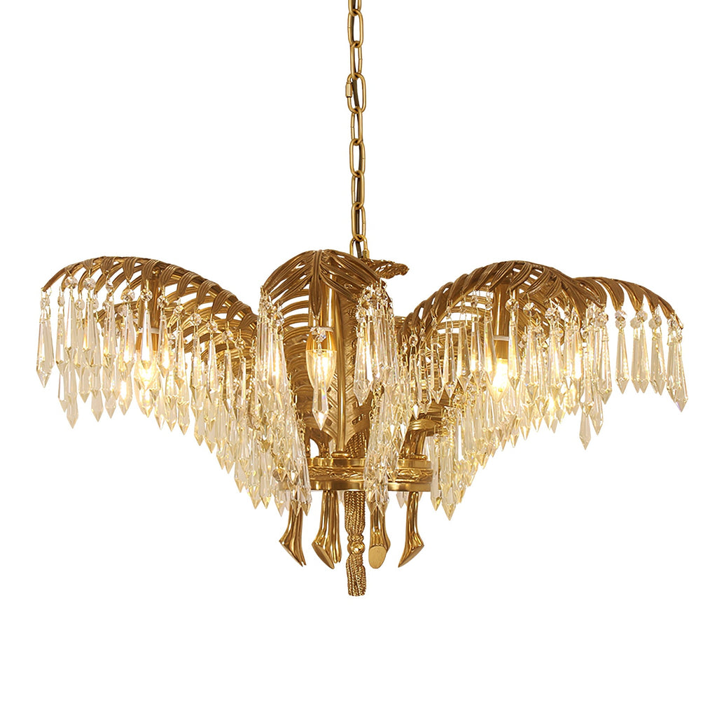 A Clérachic brass chandelier with wide, flat-spread leaves and crystal drops, seen on a white backdrop.