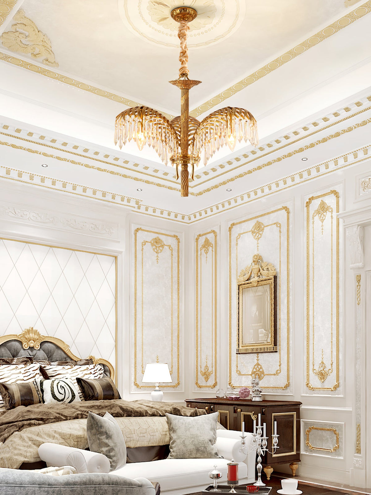 A small three-leaf Clérachic chandelier hangs in a bedroom with gilt wall panels, a bed and a dark console.