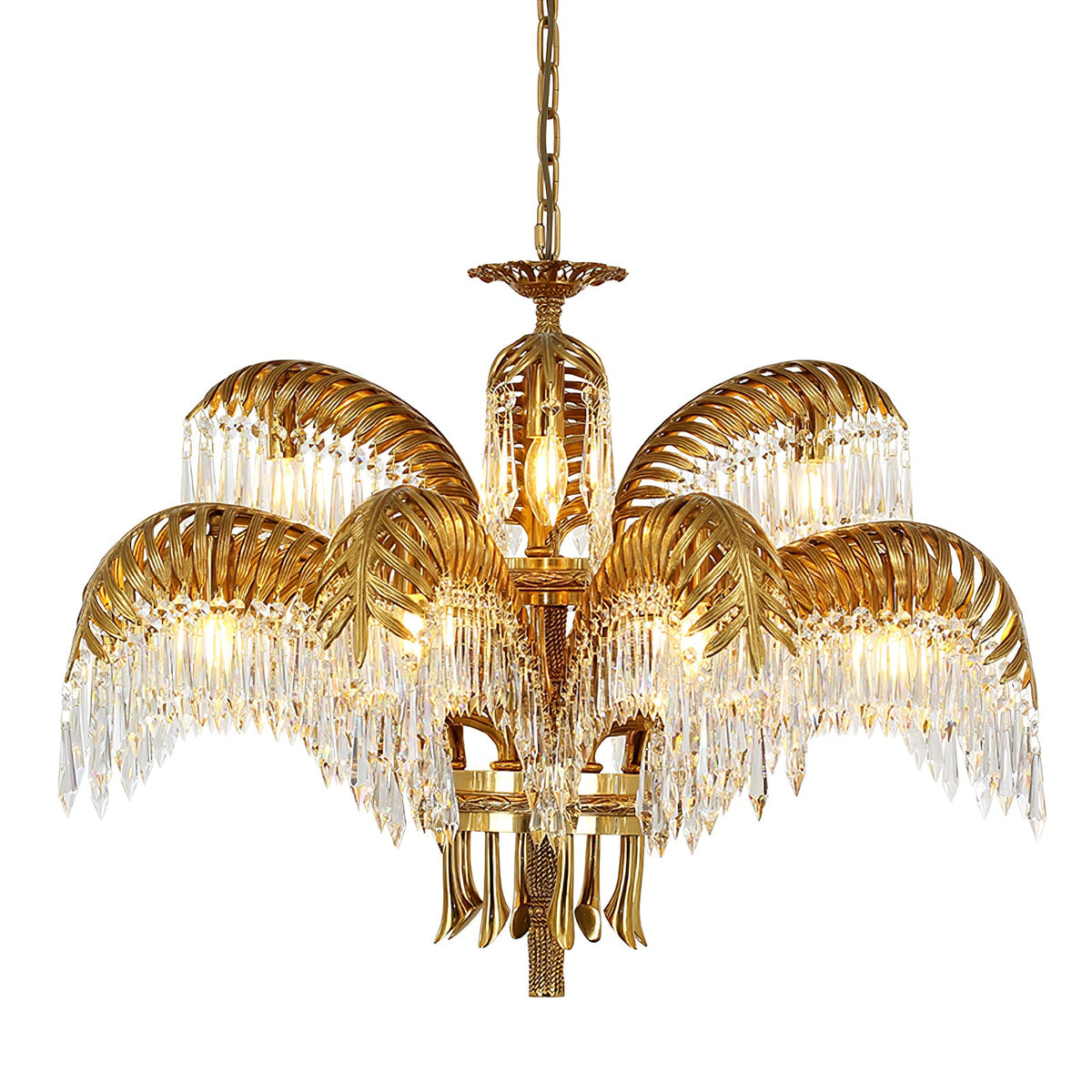 Two tiers of brass leaves with crystal fringes surround a candle-style bulb on this Clérachic chandelier.