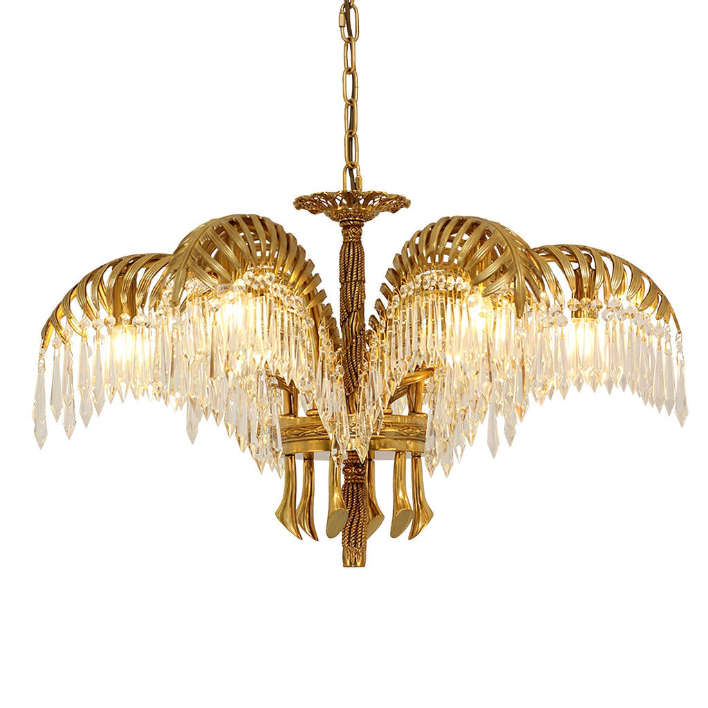Wide Clérachic chandelier in gold brass, with crystal fringes and a ring of curved brass tails below.