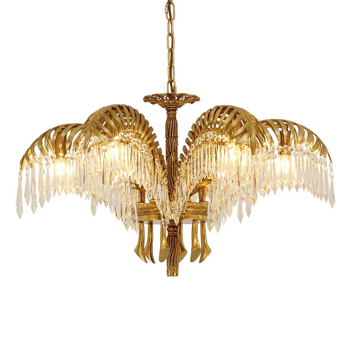 Wide Clérachic chandelier in gold brass, with crystal fringes and a ring of curved brass tails below.