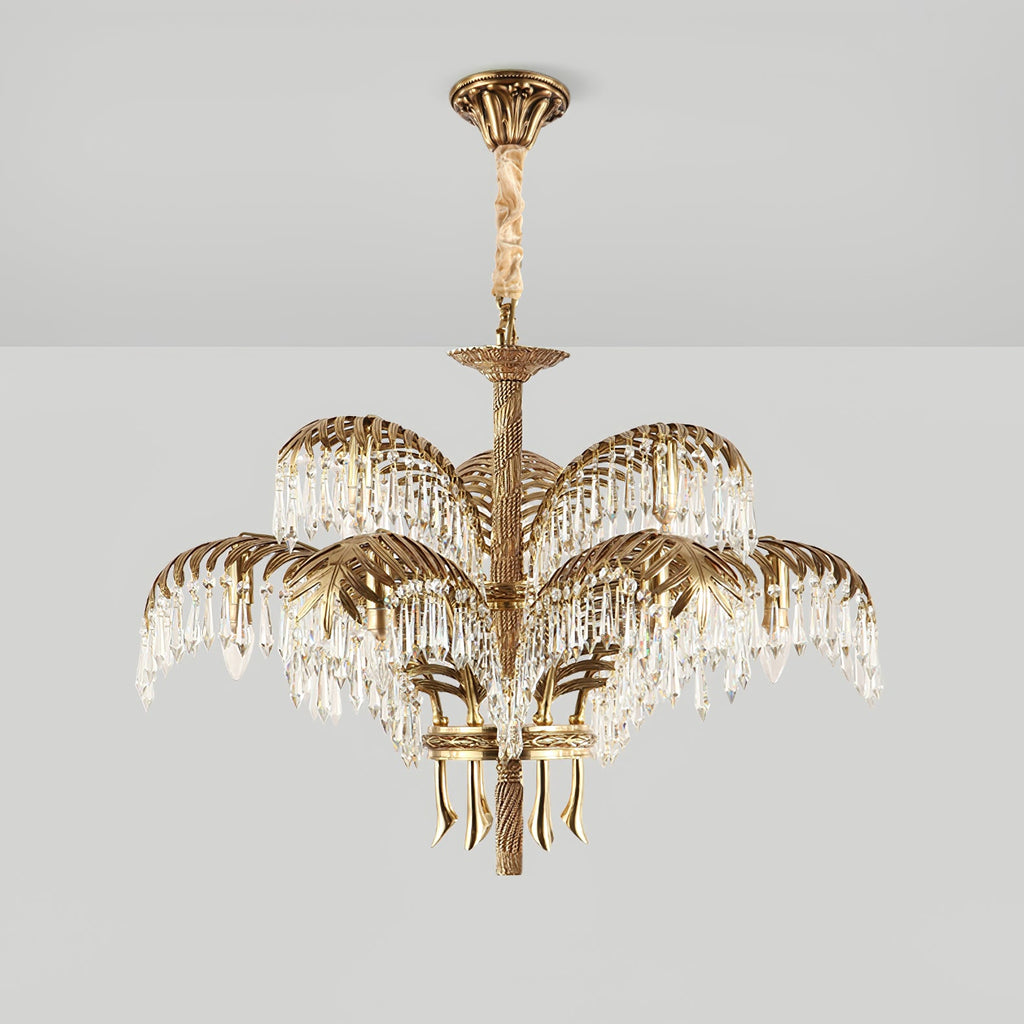 Hung from a bronze ceiling plate with a cord-wrapped chain, this Clérachic chandelier has two tiers of leaves and crystal.