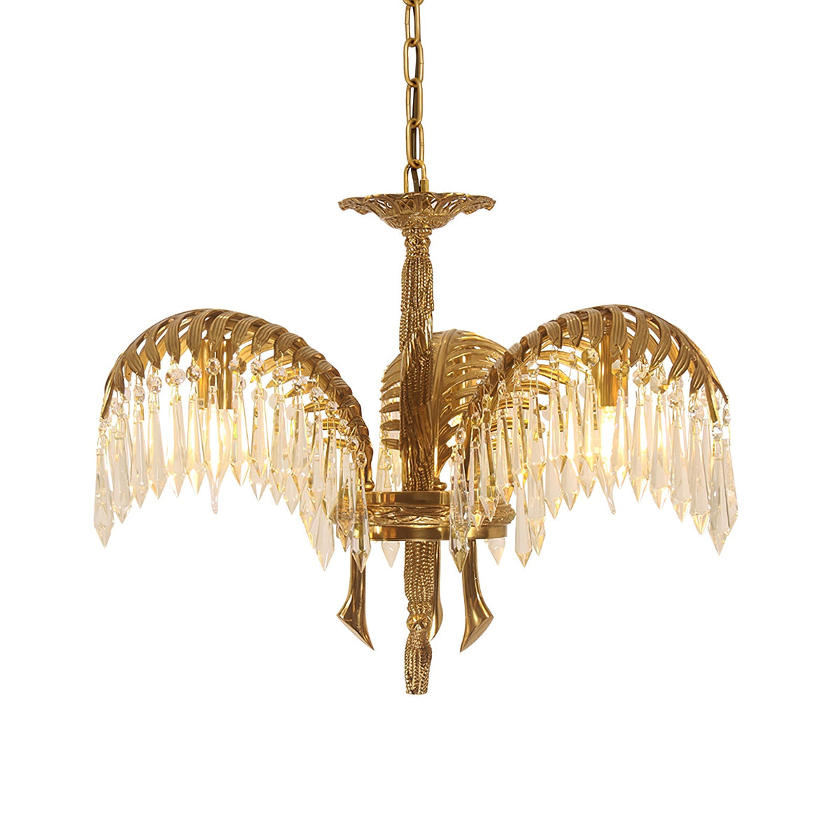 A three-leaf Clérachic chandelier with brass leaves, clear crystal drops and a brass chain, on a white background.