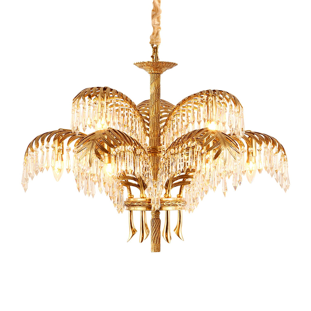 A warmly lit Clérachic chandelier in two tiers, with brass leaves and a cord-wrapped chain, on a white background.