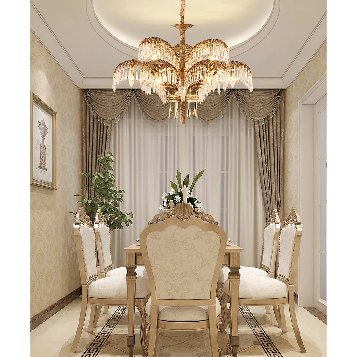 A tiered Clérachic chandelier in a cream dining room with draped curtains and carved, upholstered chairs.