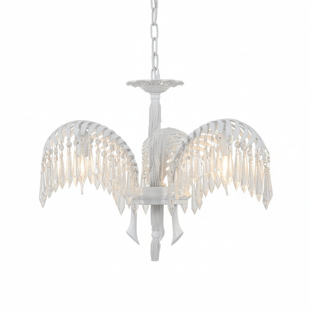 This Clérachic chandelier in white with clear crystal drops, three leaves, on a white backdrop.