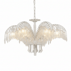 A five-leaf Clérachic chandelier in white with crystal fringes, hanging on a white metal chain.