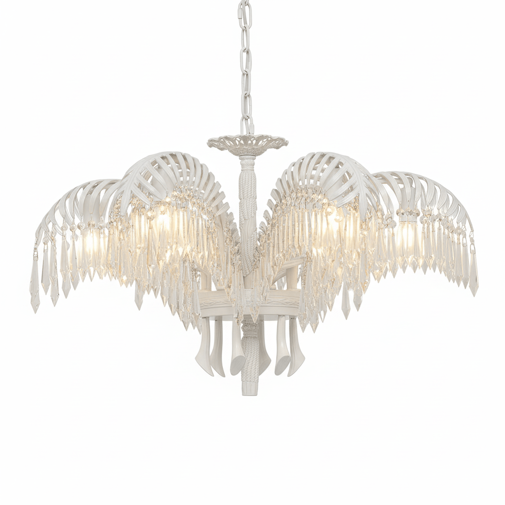 A five-leaf Clérachic chandelier in white with crystal fringes, hanging on a white metal chain.