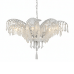 A white Clérachic chandelier with five crystal-fringed leaves and a small tassel at the base, on a white backdrop.