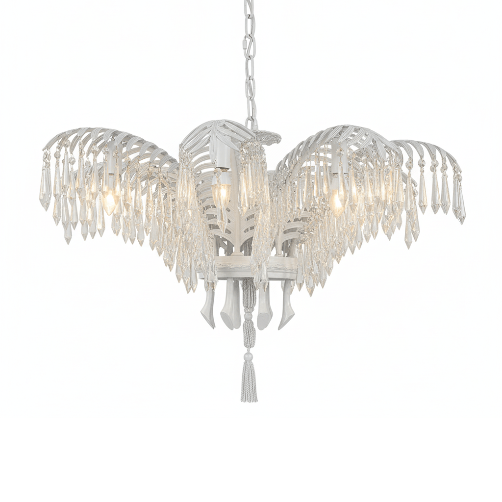 A white Clérachic chandelier with five crystal-fringed leaves and a small tassel at the base, on a white backdrop.