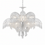Two tiers of white leaves with clear crystal drops make up this Clérachic chandelier, shown on white.