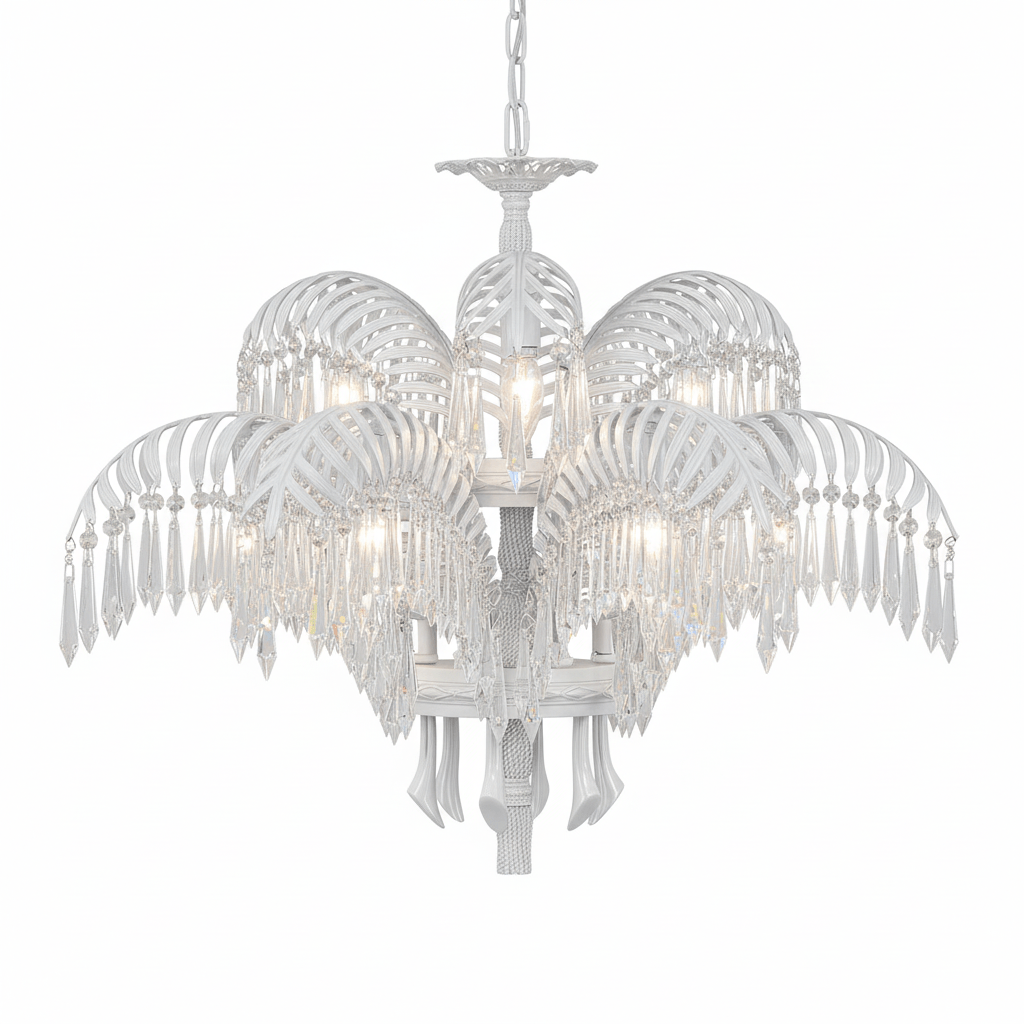 Two tiers of white leaves with clear crystal drops make up this Clérachic chandelier, shown on white.