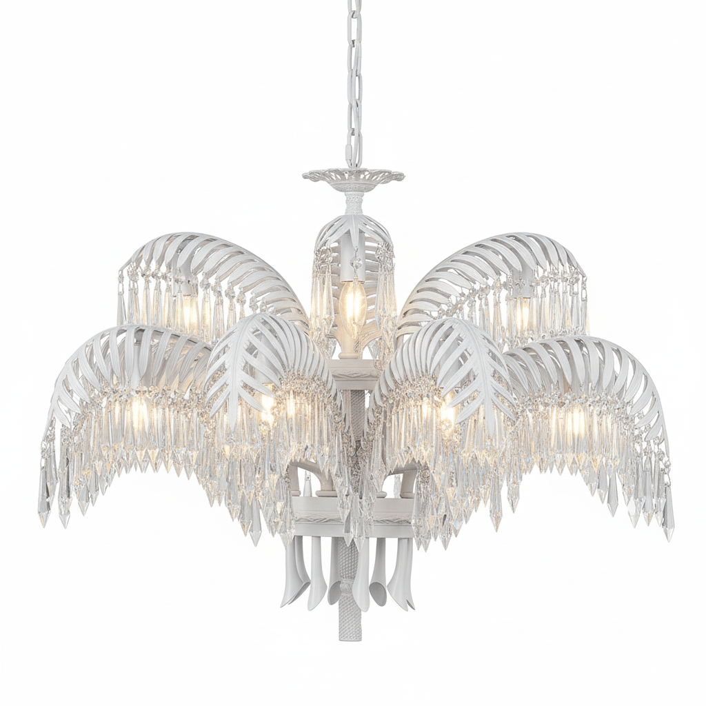 White two-tier Clérachic chandelier with lit candle-style bulbs and a fringe of crystal drops.