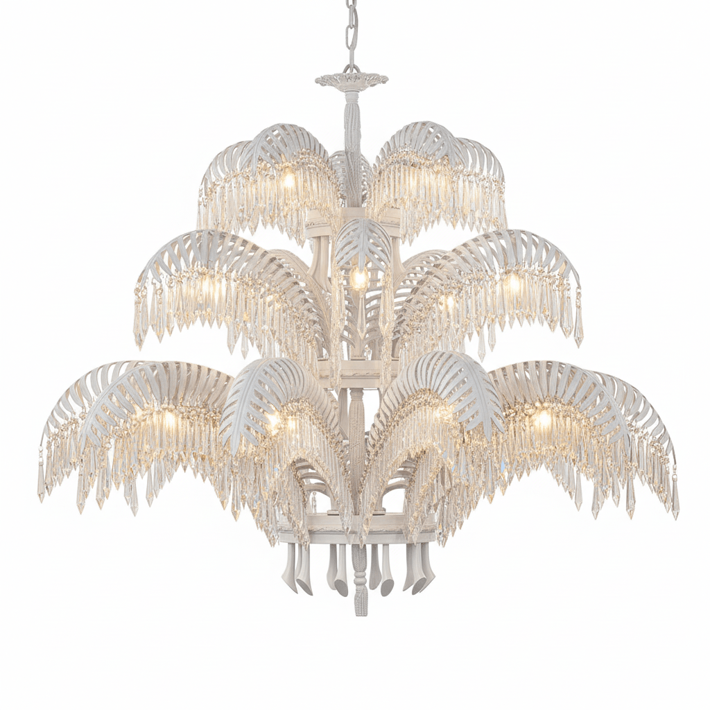 Three tiers of white leaves with crystal fringes on this large Clérachic chandelier, shown against a white backdrop.