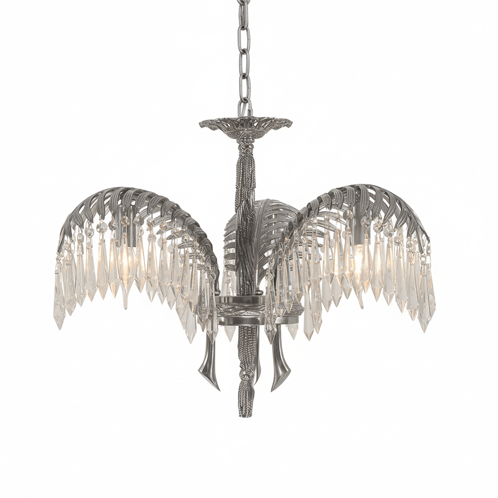 A three-leaf Clérachic chandelier in nickel with clear crystal drops and a carved stem, on a white background.