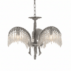 A three-leaf Clérachic chandelier in nickel with clear crystal drops and a carved stem, on a white background.