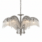 Nickel-finish Clérachic chandelier with five crystal-fringed leaves, hung from a chain against white.