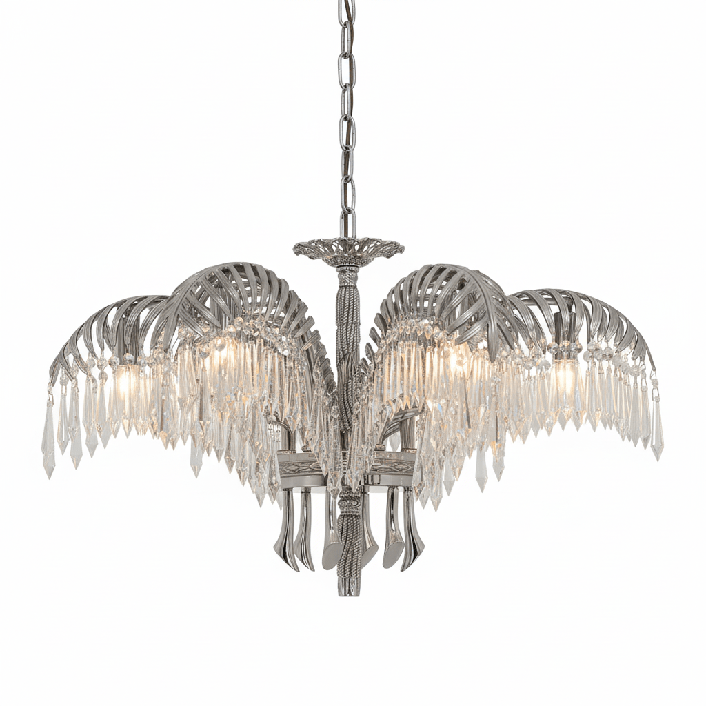 Nickel-finish Clérachic chandelier with five crystal-fringed leaves, hung from a chain against white.