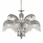 Two tiers of nickel leaves with crystal drops on this Clérachic chandelier, a candle bulb lit at its centre.