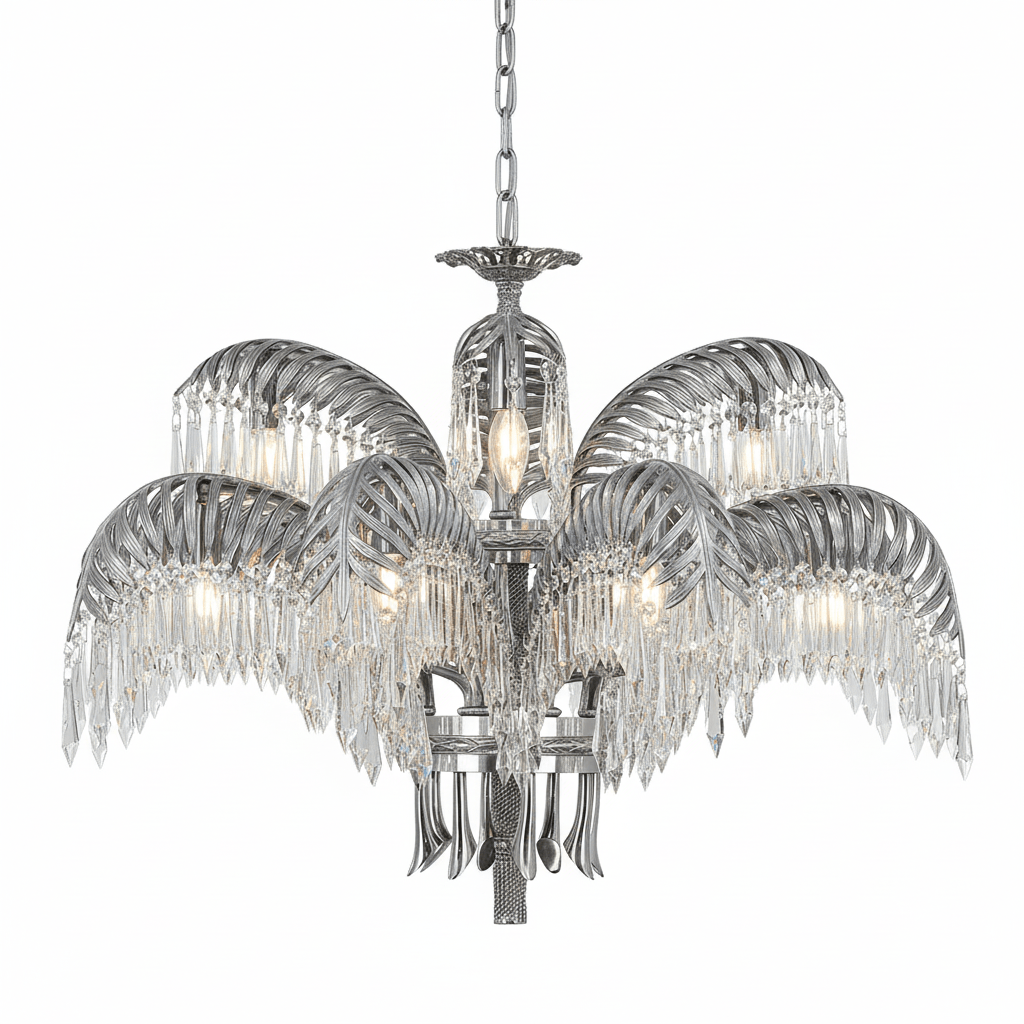 Two tiers of nickel leaves with crystal drops on this Clérachic chandelier, a candle bulb lit at its centre.