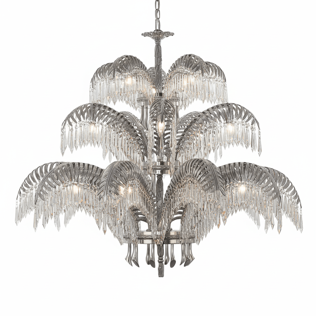 A three-tier Clérachic chandelier in nickel with crystal-fringed leaves, shown on a white backdrop.