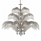 A three-tier Clérachic chandelier in nickel with crystal-fringed leaves, shown on a white backdrop.