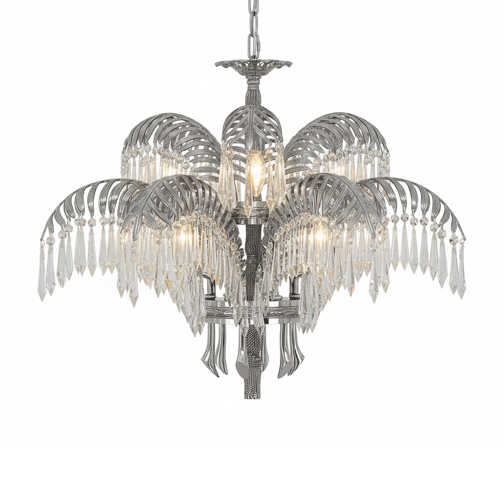 Nickel-finish Clérachic chandelier in two tiers, with clear crystal drops and a carved central stem.