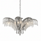 Nickel Clérachic chandelier seen from slightly above, with wide-spread leaves, crystal drops and a chain.